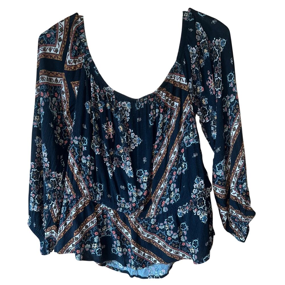 American Eagle Boho Floral Long Sleeve Peasant Blouse Black Top Size Large